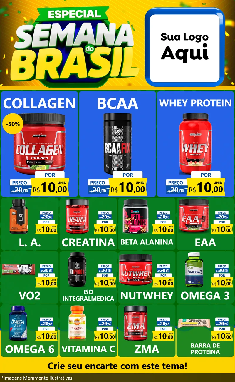 Modelo de Encarte para Encarte Grande com o tema Especial Semana do Brasil para Suplementos alimentares