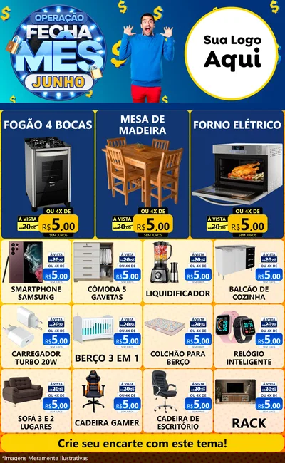 Modelo de Encarte para Encarte Grande com o tema Operação Fecha Mês, Junho para Móveis e Eletro