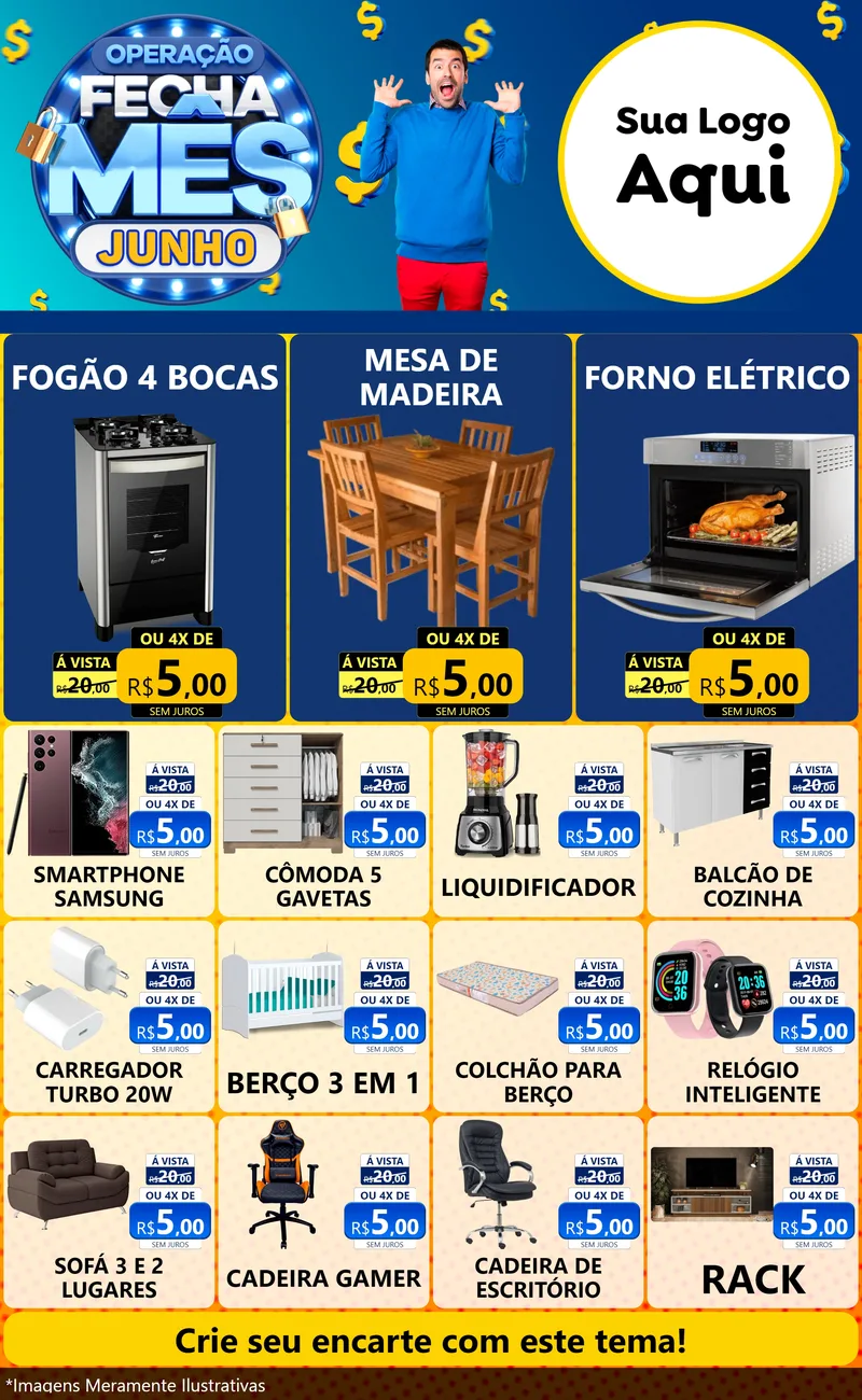 Modelo de Encarte para Encarte Grande com o tema Operação Fecha Mês, Junho para Móveis e Eletro