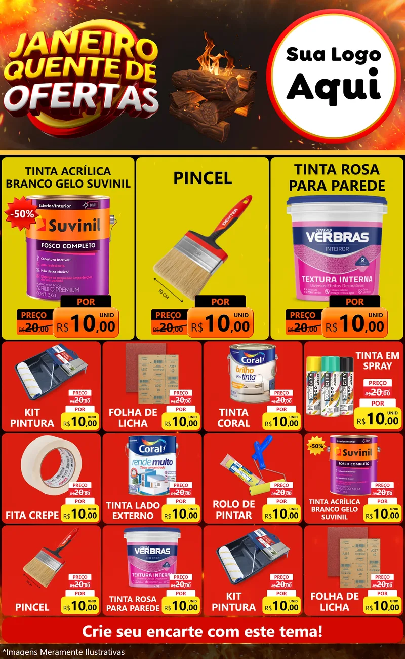Modelo de Encarte para Encarte Grande com o tema Janeiro Quente de Ofertas para Tintas e Ferramentas