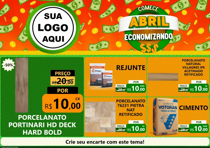 Modelo de Encarte para Encarte A4 Horizontal com o tema Comece Abril Economizando para Pisos e revestimentos