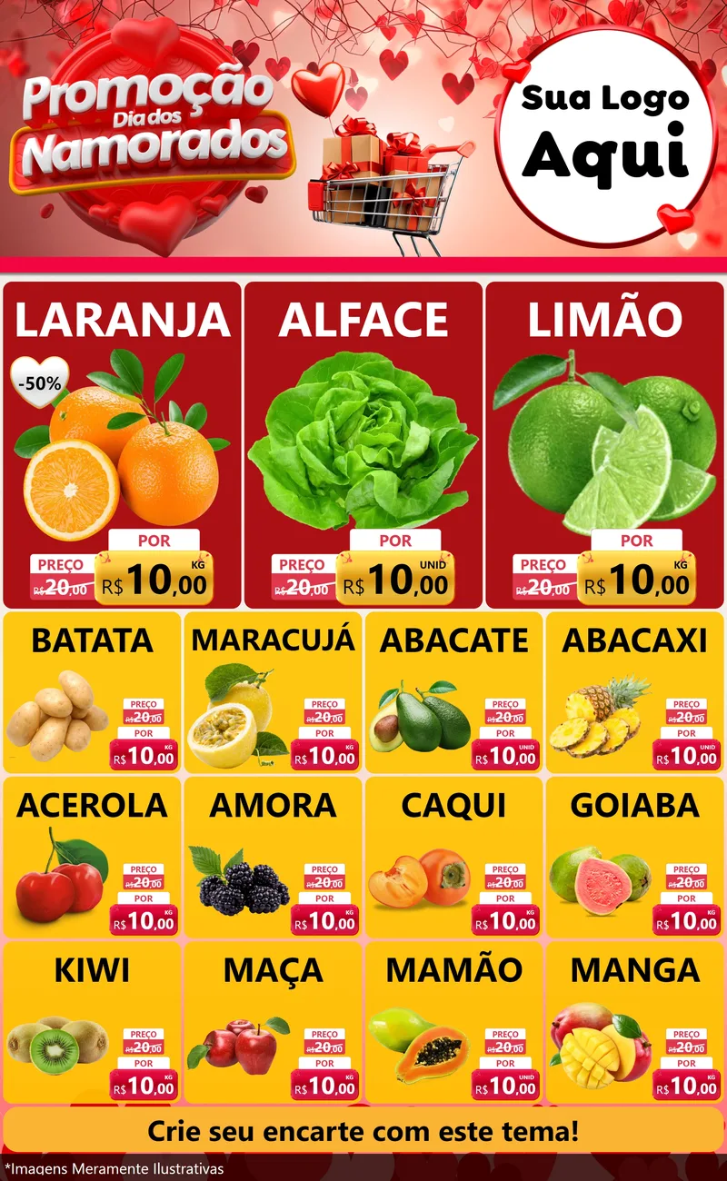Modelo de Encarte para Encarte Grande com o tema Promoção Dia dos Namorados para Hortifrúti