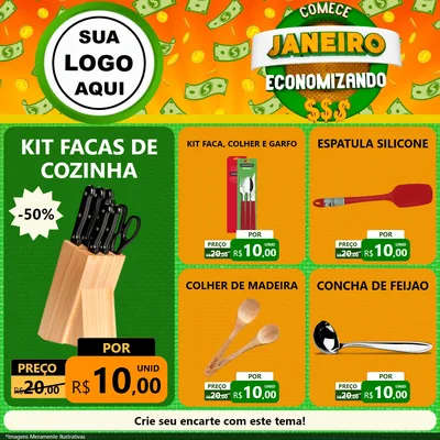 Modelo de Rede Social para Feed Facebook com o tema Comece Janeiro Economizando para Utilidades Domésticas