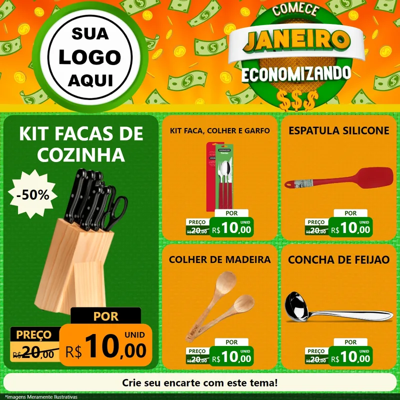Modelo de Rede Social para Feed Facebook com o tema Comece Janeiro Economizando para Utilidades Domésticas