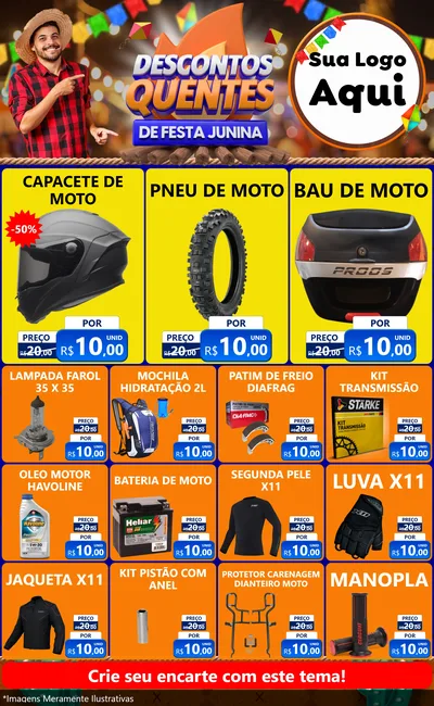 Modelo de Encarte para Encarte Grande com o tema Descontos Quentes de Festa Junina para Moto peças