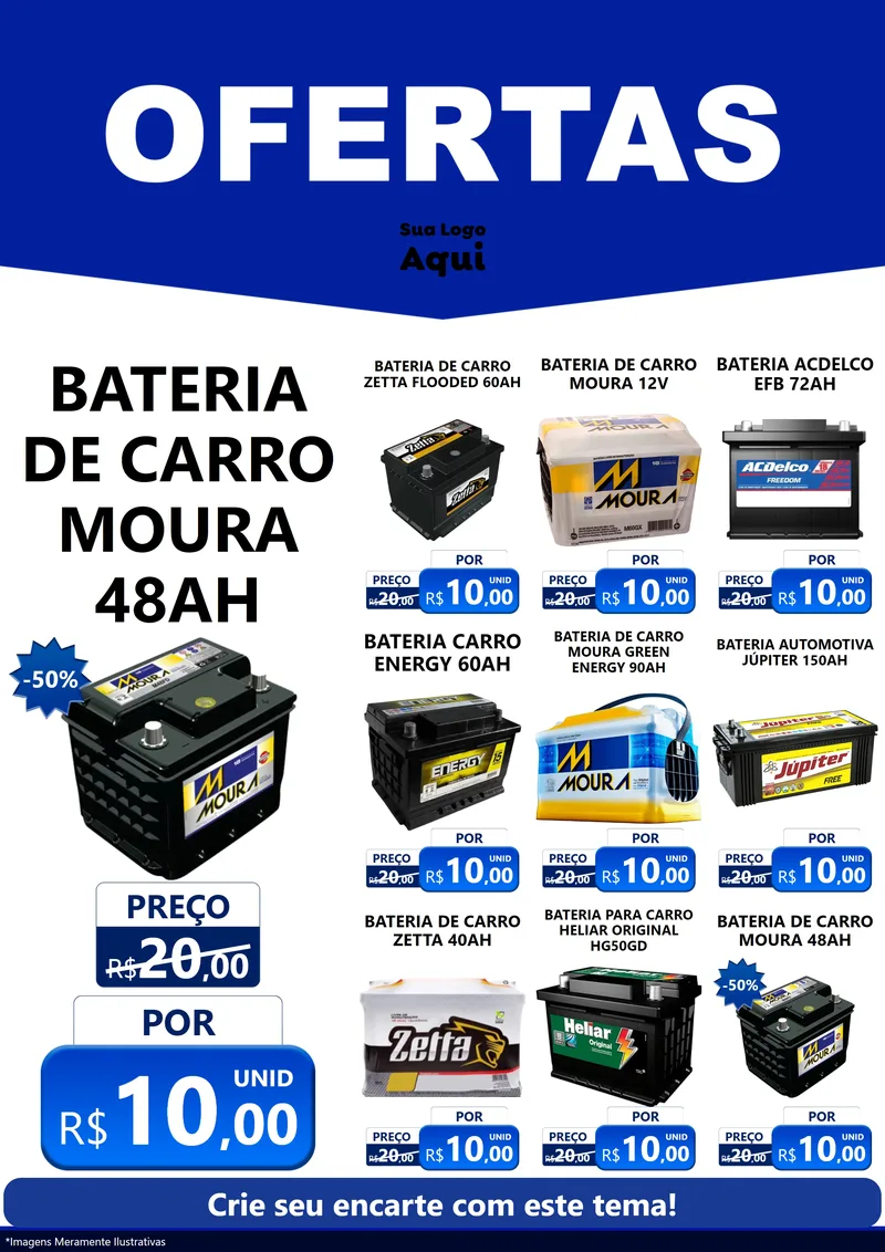Modelo de Encarte para Encarte A4 Vertical com o tema Ofertas Azul Cartaz para Baterias Elétricas