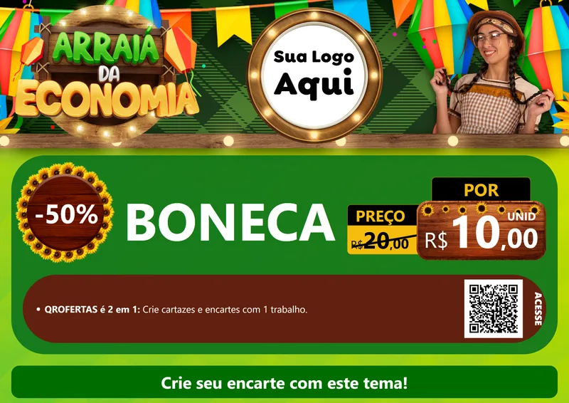 Modelo de Cartaz para Cartaz A4 Horizontal com o tema Arraiá de Economia para Brinquedos