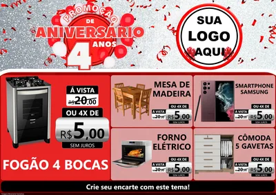 Modelo de Encarte para Encarte A4 Horizontal com o tema Promoção de Aniversário - 4 Anos para Móveis e Eletro