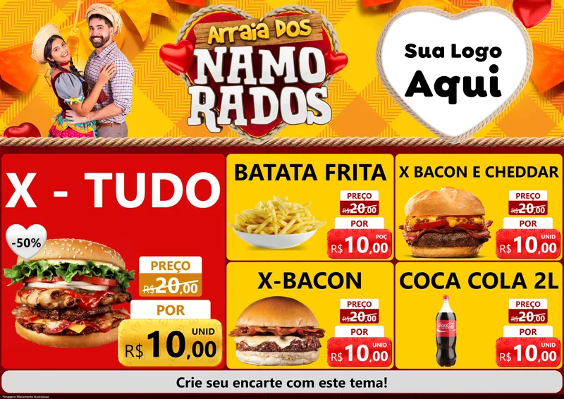 Modelo de Encarte para Encarte A4 Horizontal com o tema Arraiá dos Namorados para Hamburgueria