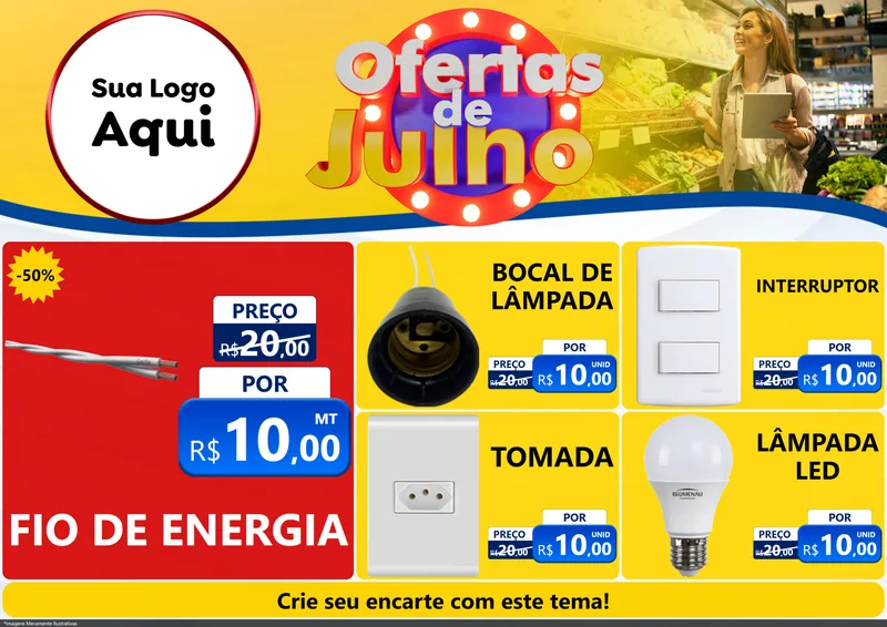 Modelo de Encarte para Encarte A4 Horizontal com o tema Ofertas de Julho para Materiais Elétricos