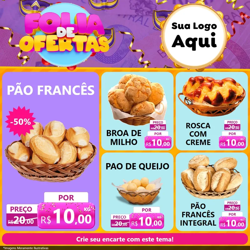 Modelo de Rede Social para Feed Facebook com o tema Folia de Ofertas para Padaria