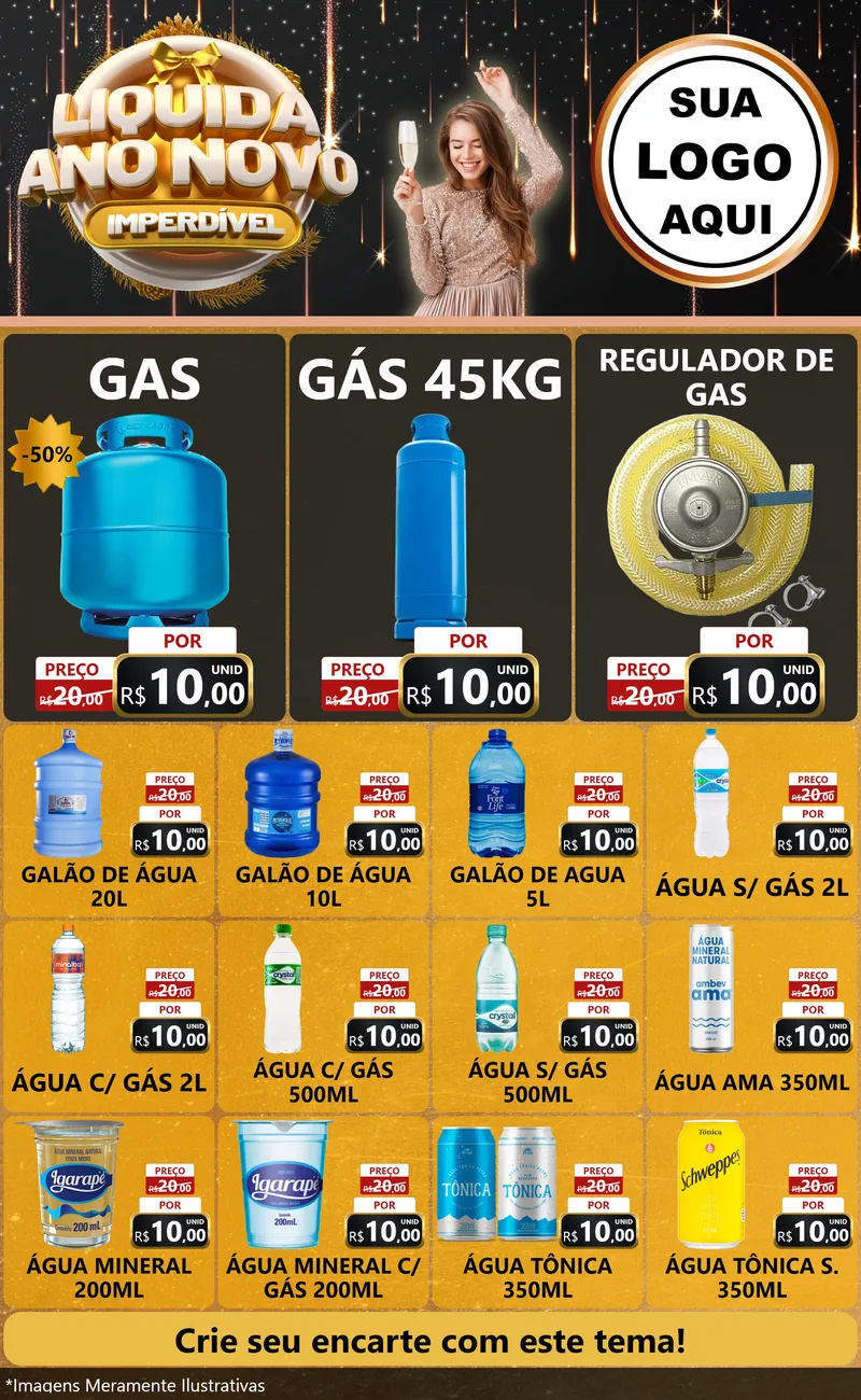 Modelo de Encarte para Encarte Grande com o tema Liquida Ano Novo Imperdível para Água e gás