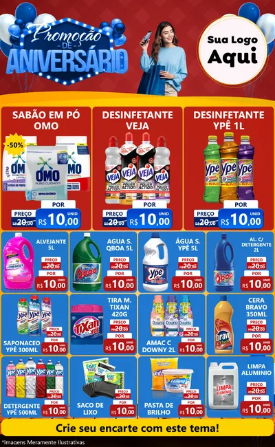 Modelo de Encarte para Encarte Grande com o tema Promoção de Aniversário para Produtos de Limpeza