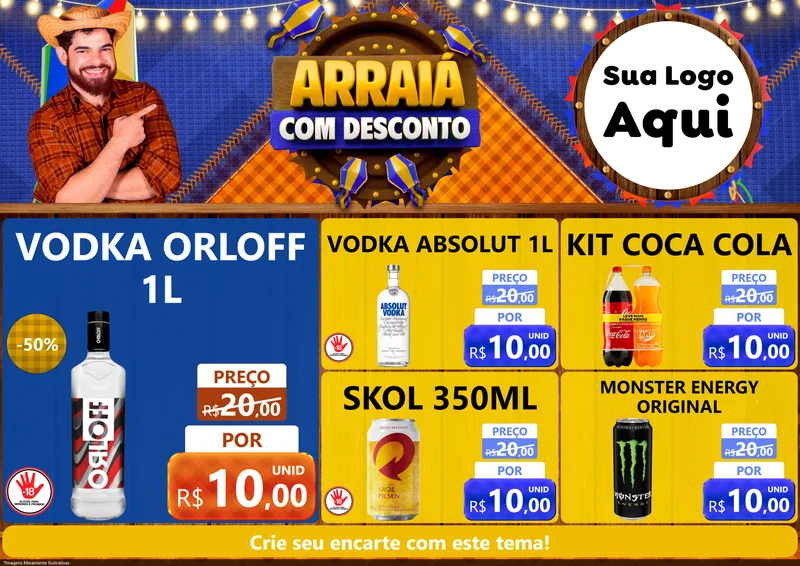 Modelo de Encarte para Encarte A4 Horizontal com o tema Arraiá Com Desconto para Distribuidora de bebidas