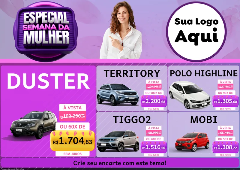 Modelo de Encarte para Encarte A4 Horizontal com o tema Especial Semana da Mulher para Concessionaria de Carros