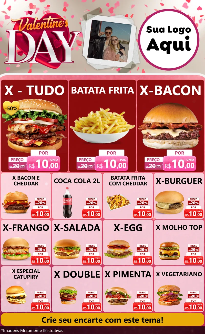 Modelo de Encarte para Encarte Grande com o tema Valentine's Day para Hamburgueria