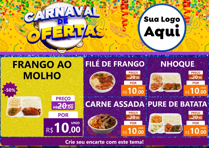 Modelo de Encarte para Encarte A4 Horizontal com o tema Carnaval de Ofertas para Restaurante