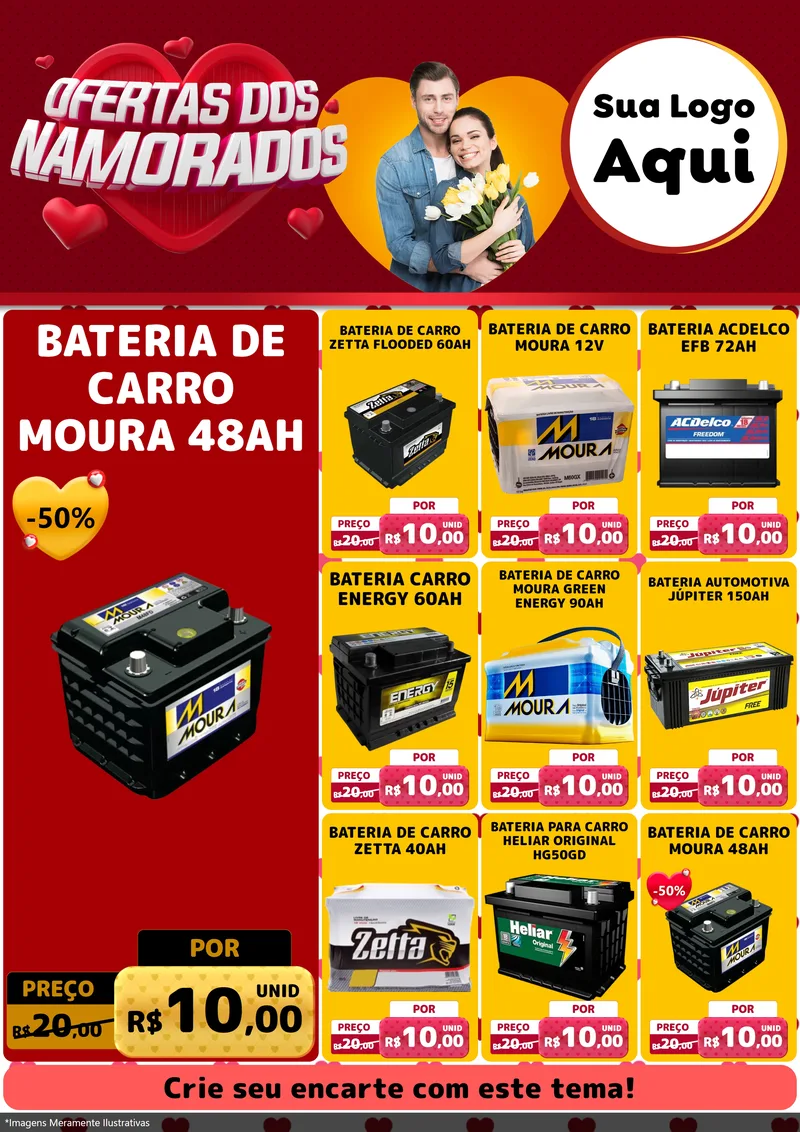 Modelo de Encarte para Encarte A4 Vertical com o tema Ofertas Dos Namorados para Baterias Elétricas
