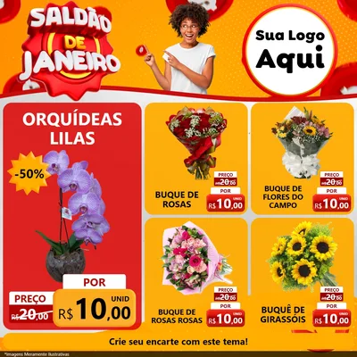Modelo de Rede Social para Feed Facebook com o tema Saldão de Janeiro para Floricultura e jardim
