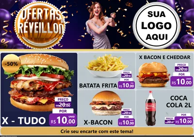 Modelo de Encarte para Encarte A4 Horizontal com o tema Ofertas de Réveillon para Hamburgueria