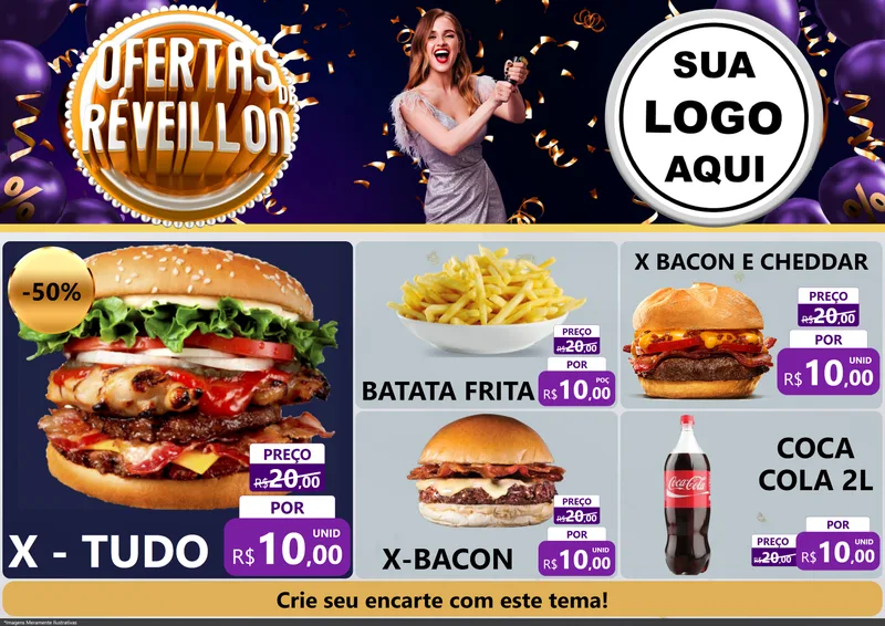 Modelo de Encarte para Encarte A4 Horizontal com o tema Ofertas de Réveillon para Hamburgueria