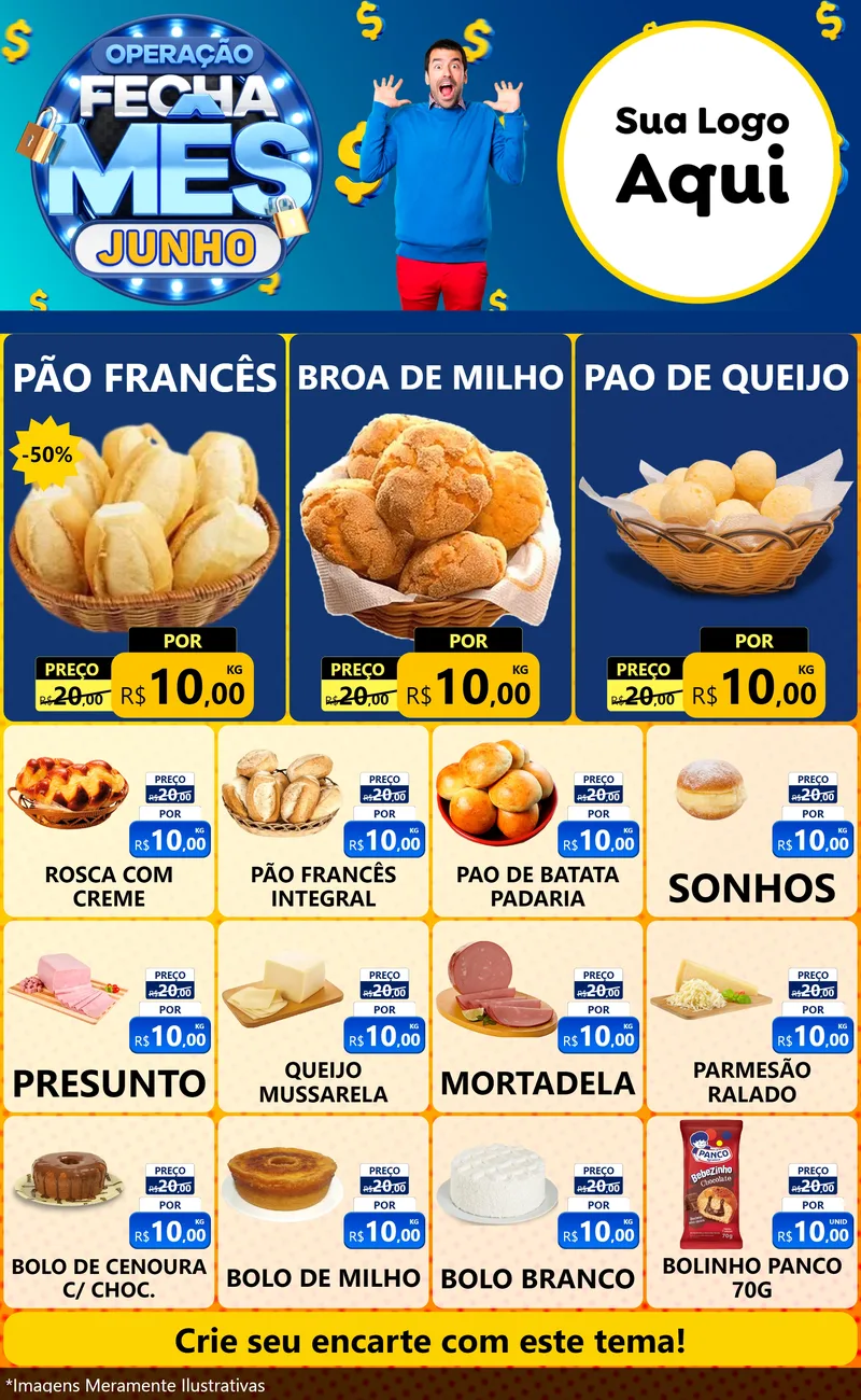 Modelo de Encarte para Encarte Grande com o tema Operação Fecha Mês, Junho para Padaria