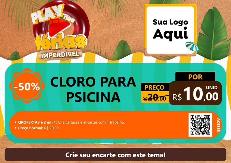 Modelo de Cartaz para Cartaz A4 Horizontal com o tema Play Nas Férias Imperdível para Produtos para Piscina