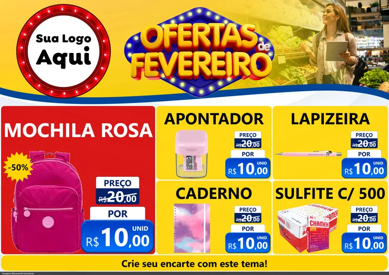 Modelo de Encarte para Encarte A4 Horizontal com o tema Ofertas de Fevereiro para Papelaria