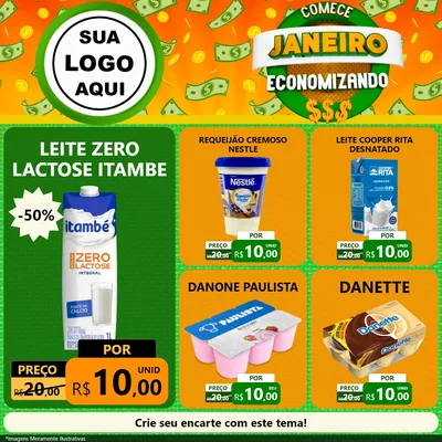 Modelo de Rede Social para Feed Facebook com o tema Comece Janeiro Economizando para Frios e Laticínios