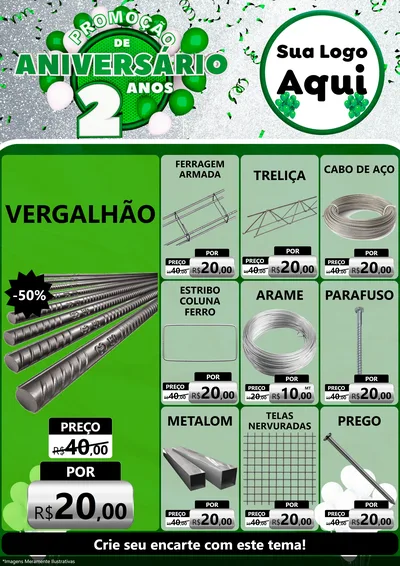Modelo de Encarte para Encarte A4 Vertical com o tema Promoção de Aniversário - 2 Anos para Ferragens
