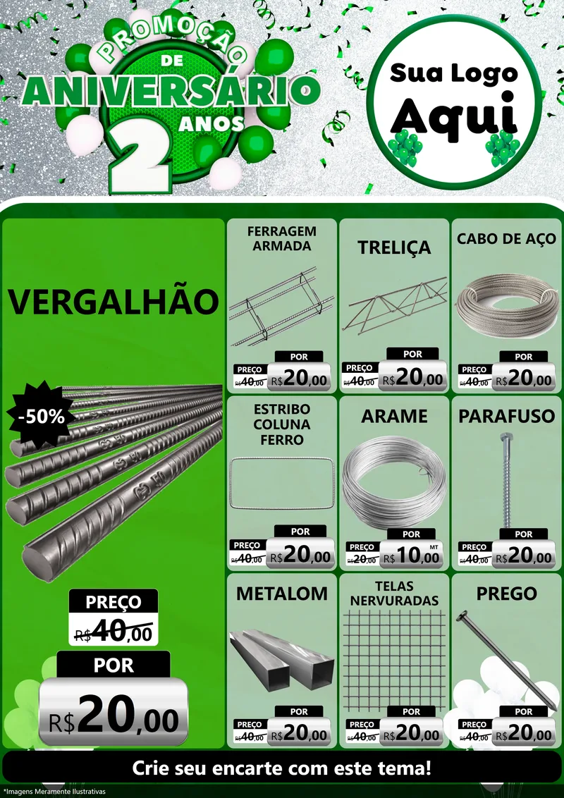 Modelo de Encarte para Encarte A4 Vertical com o tema Promoção de Aniversário - 2 Anos para Ferragens