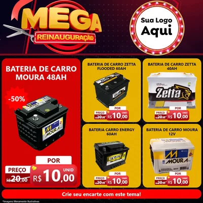 Modelo de Rede Social para Feed Facebook com o tema Mega Reinauguração para Baterias Elétricas