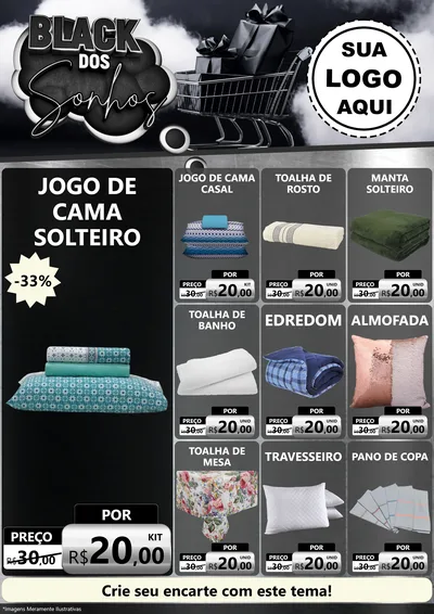 Modelo de Encarte para Encarte A4 Vertical com o tema Black dos Sonhos para Cama, Mesa e Banho