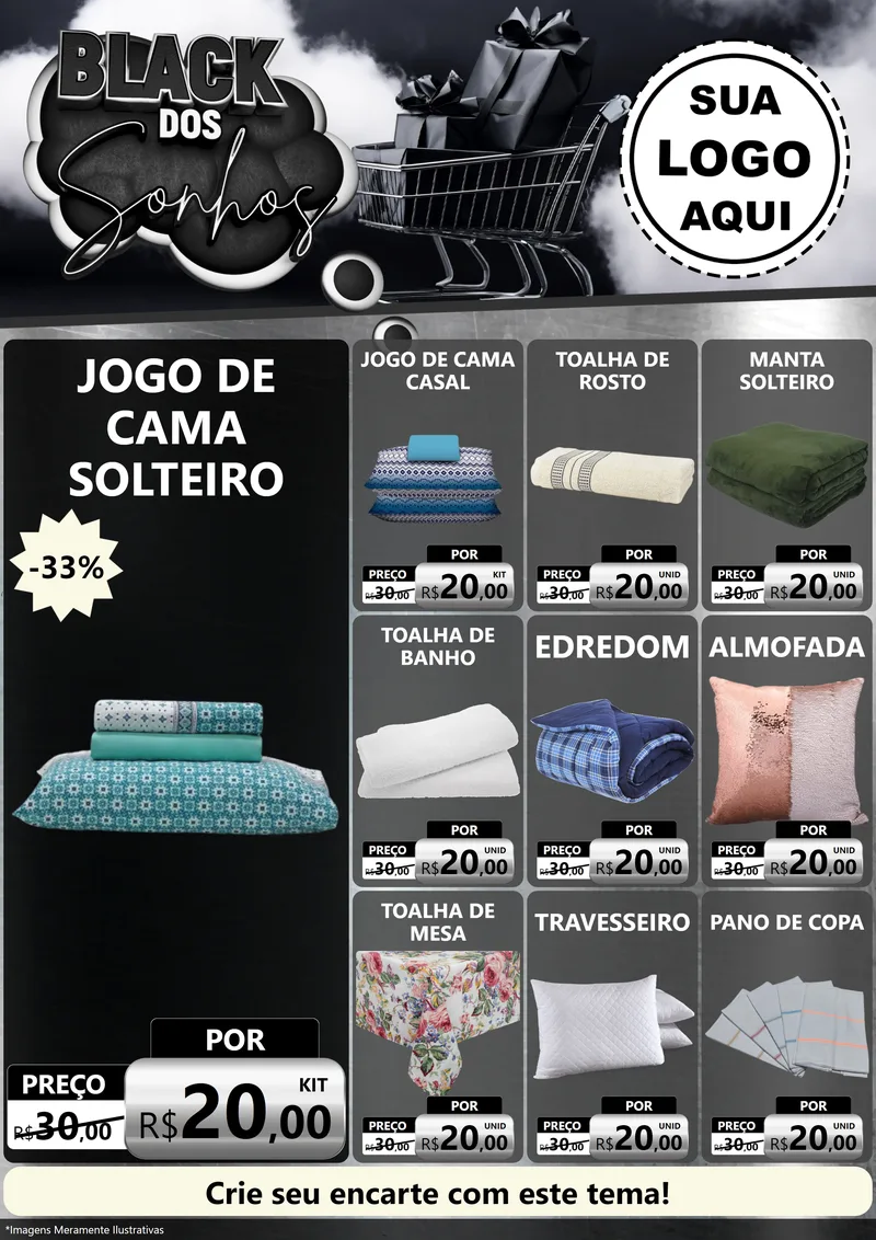 Modelo de Encarte para Encarte A4 Vertical com o tema Black dos Sonhos para Cama, Mesa e Banho
