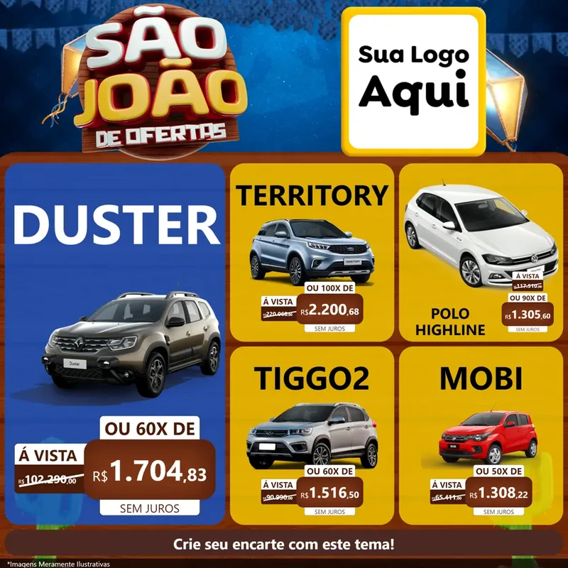 Modelo de Rede Social para Feed Facebook com o tema São João Ofertas Imbatíveis! - Junina para Concessionaria de Carros