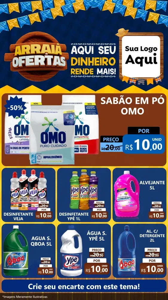 Modelo de Rede Social para Stories com o tema Arraiá de Ofertas - Junina para Produtos de Limpeza