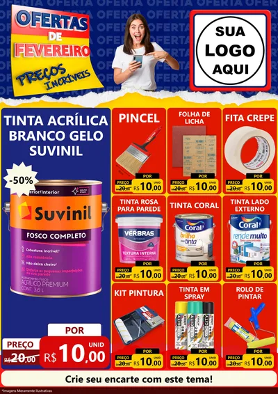 Modelo de Encarte para Encarte A4 Vertical com o tema Ofertas de Fevereiro - Preços Incríveis para Tintas e Ferramentas
