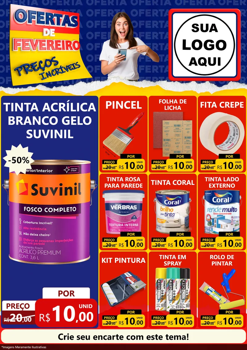 Modelo de Encarte para Encarte A4 Vertical com o tema Ofertas de Fevereiro - Preços Incríveis para Tintas e Ferramentas