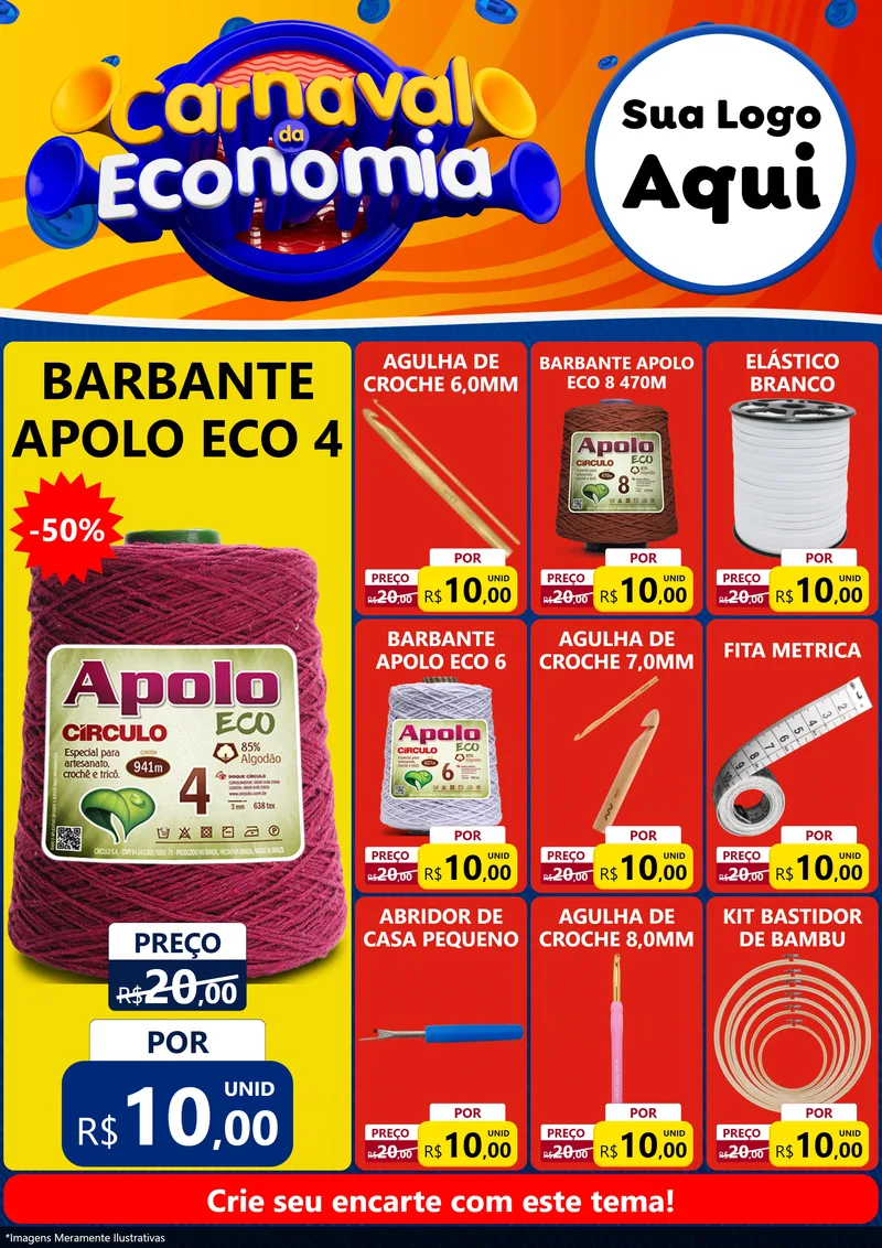 Modelo de Encarte para Encarte A4 Vertical com o tema Carnaval da Economia para Armarinho e Aviamentos