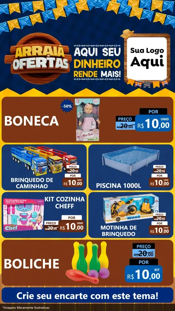 Modelo de TV para TV Vertical com o tema Arraiá de Ofertas - Junina para Brinquedos