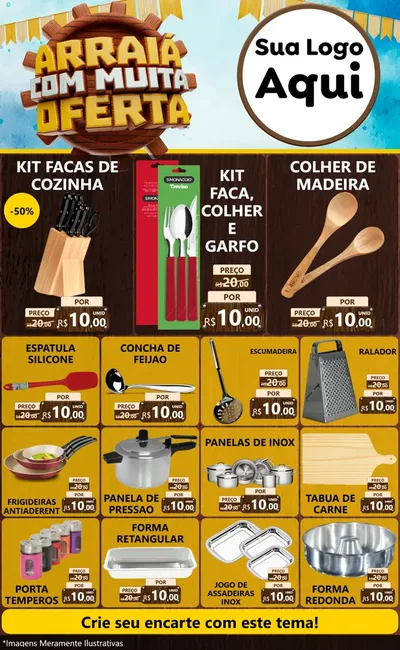 Modelo de Encarte para Encarte Grande com o tema Ofertas de São João - Junina para Utilidades Domésticas