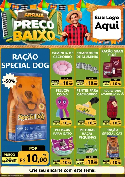 Modelo de Encarte para Encarte A4 Vertical com o tema Arraiá de Preço Baixo - Junina para Pet Shop