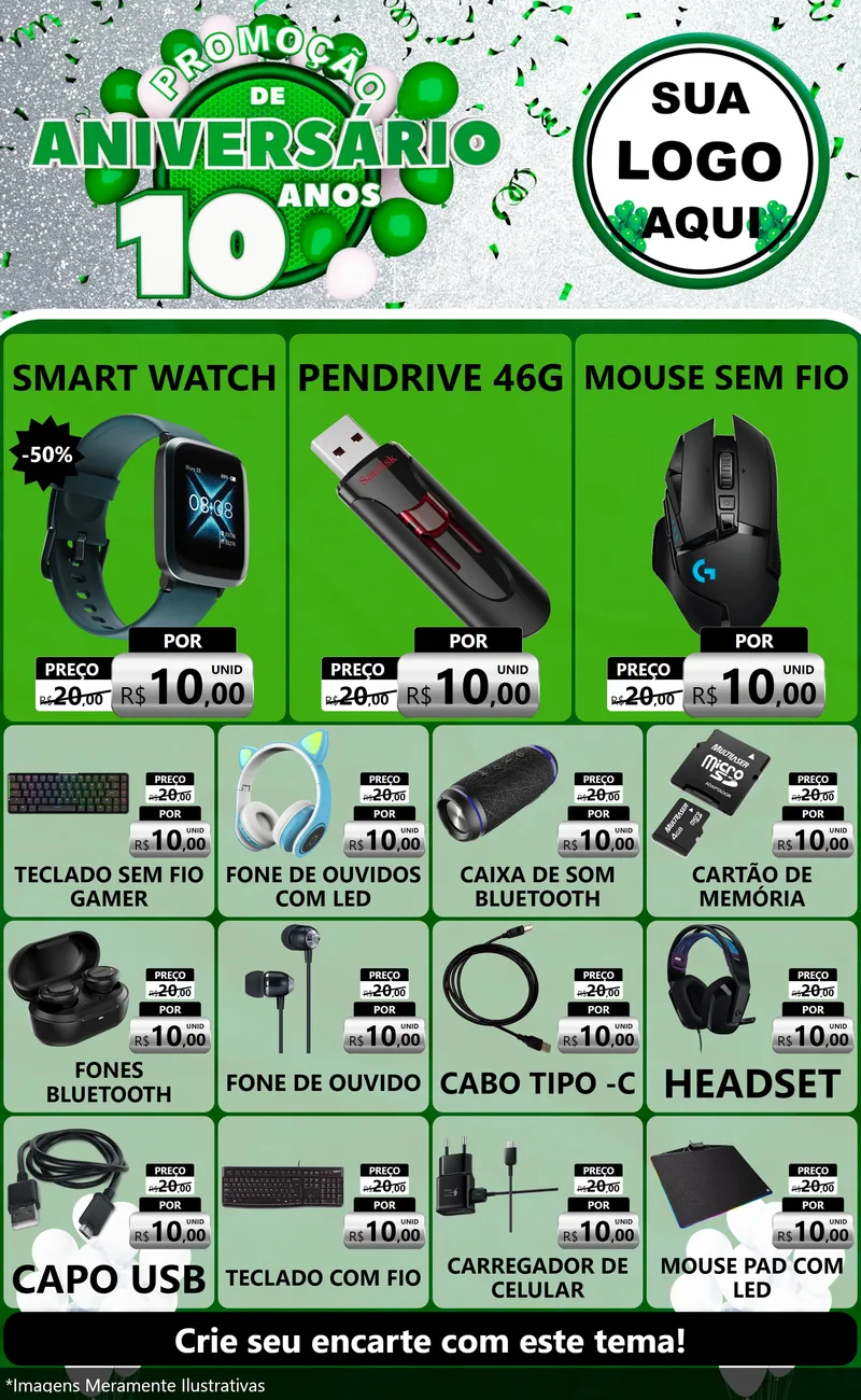 Modelo de Encarte para Encarte Grande com o tema Promoção de Aniversário - 10 Anos para Informática