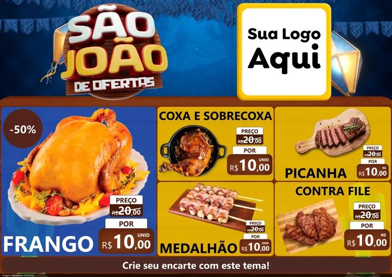 Modelo de Encarte para Encarte A4 Horizontal com o tema São João Ofertas Imbatíveis! - Junina para Assados