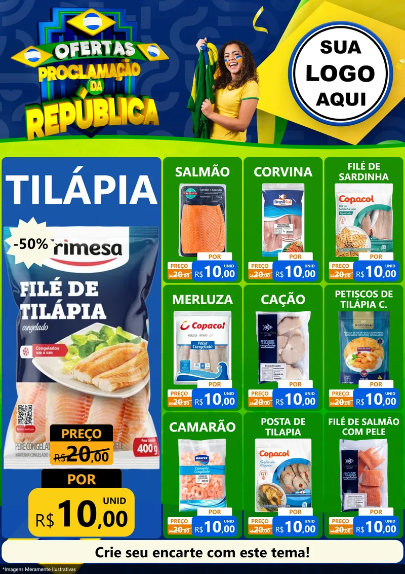 Modelo de Encarte para Encarte A4 Vertical com o tema Ofertas Proclamação da República para Peixaria