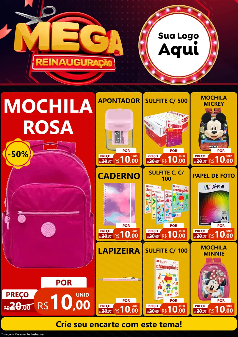 Modelo de Encarte para Encarte A4 Vertical com o tema Mega Reinauguração para Papelaria