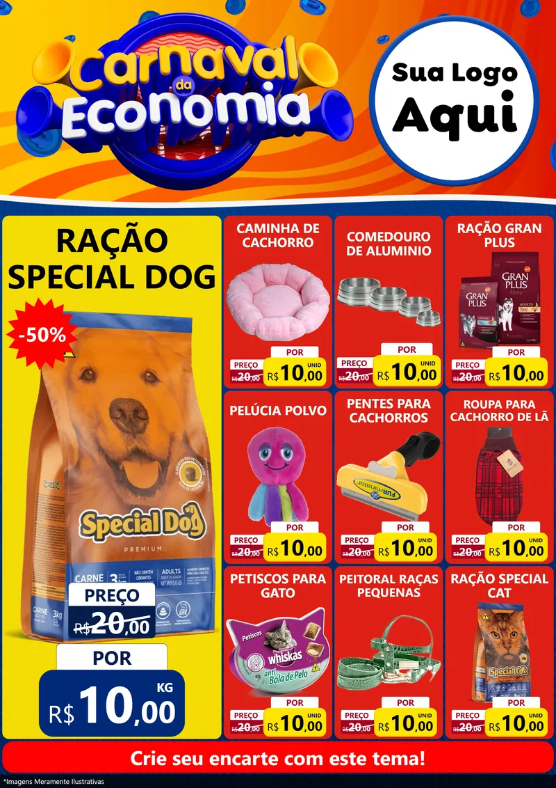 Modelo de Encarte para Encarte A4 Vertical com o tema Carnaval da Economia para Pet Shop