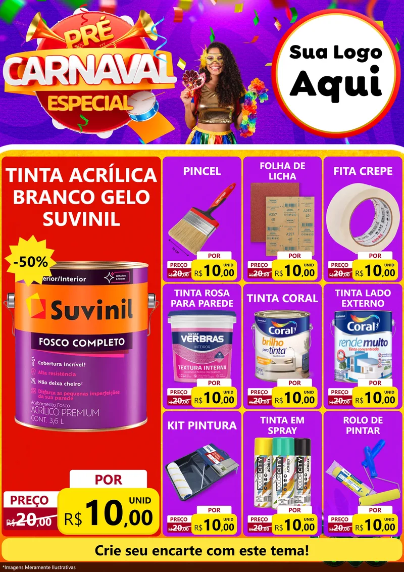 Modelo de Encarte para Encarte A4 Vertical com o tema Pré-Carnaval Especial para Tintas e Ferramentas