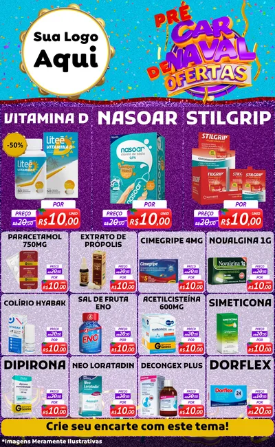 Modelo de Encarte para Encarte Grande com o tema Pré Carnaval de Ofertas para Farmácia
