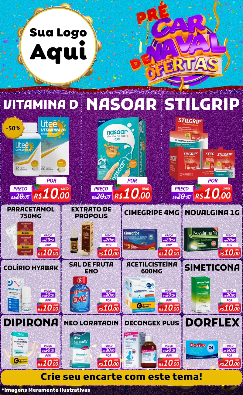 Modelo de Encarte para Encarte Grande com o tema Pré Carnaval de Ofertas para Farmácia